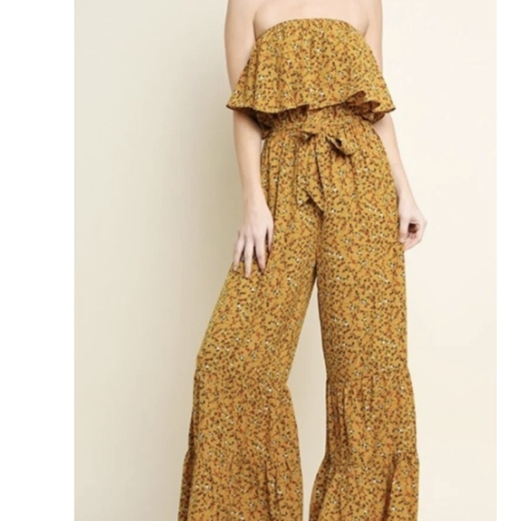 Umgee Pants - Umgee Mustard Floral Strapless Jumpsuit